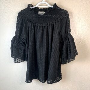 WoWo Black Whimsigoth Swiss Dot Smocked Neck Ruffle Sleeve Blouse Size 1X
